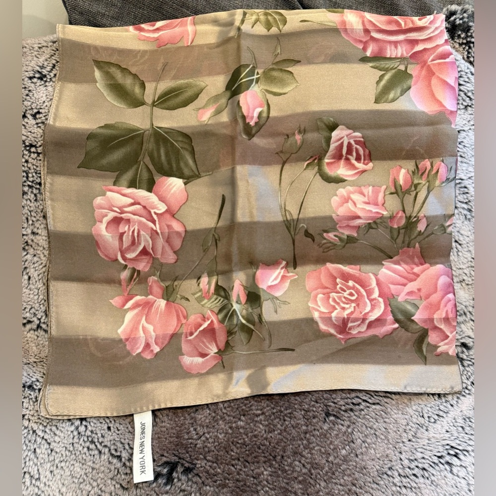 Jones New York 100% Silk Vintage Pink Rose Floral Square Bandana Scarf